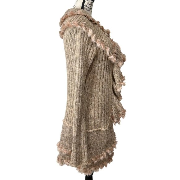 Anthropologie Lapis Cardigan Faux Fur Trim Ruffle Sweater Tan Art Women Size XL - Picture 2 of 8